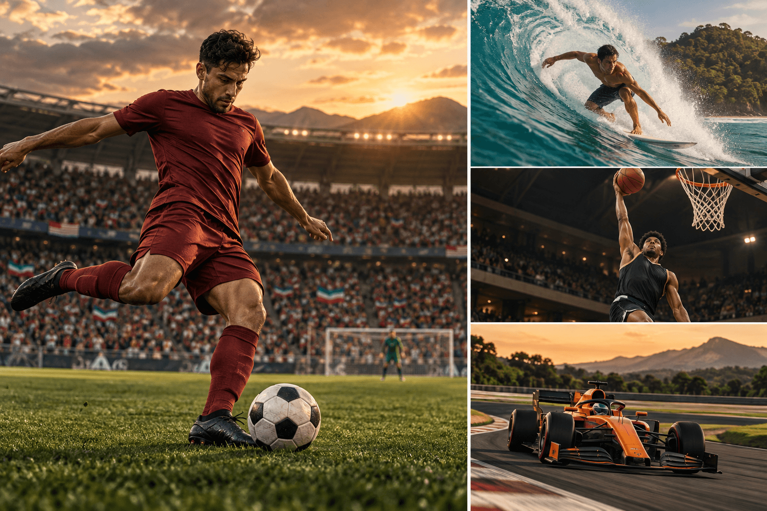 Escenas ilustrativas de fútbol, surf, baloncesto y motor